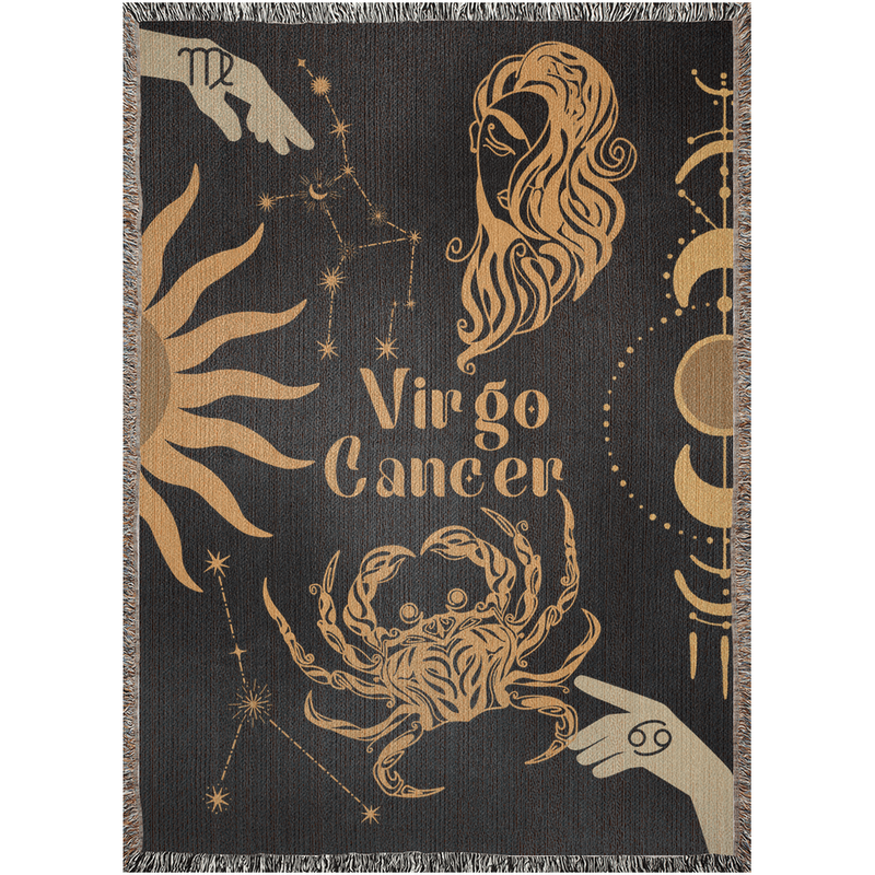 Cancer and Virgo Zodiac Compatibility Woven Throw Tapestry - Elevate home decor with this boho-inspired, celestial charm blanket. Perfect for astrology enthusiasts, featuring Cancer and Virgo sun signs, adding unique, artistic flair to your living space. Premium cotton, cozy, and decorative.