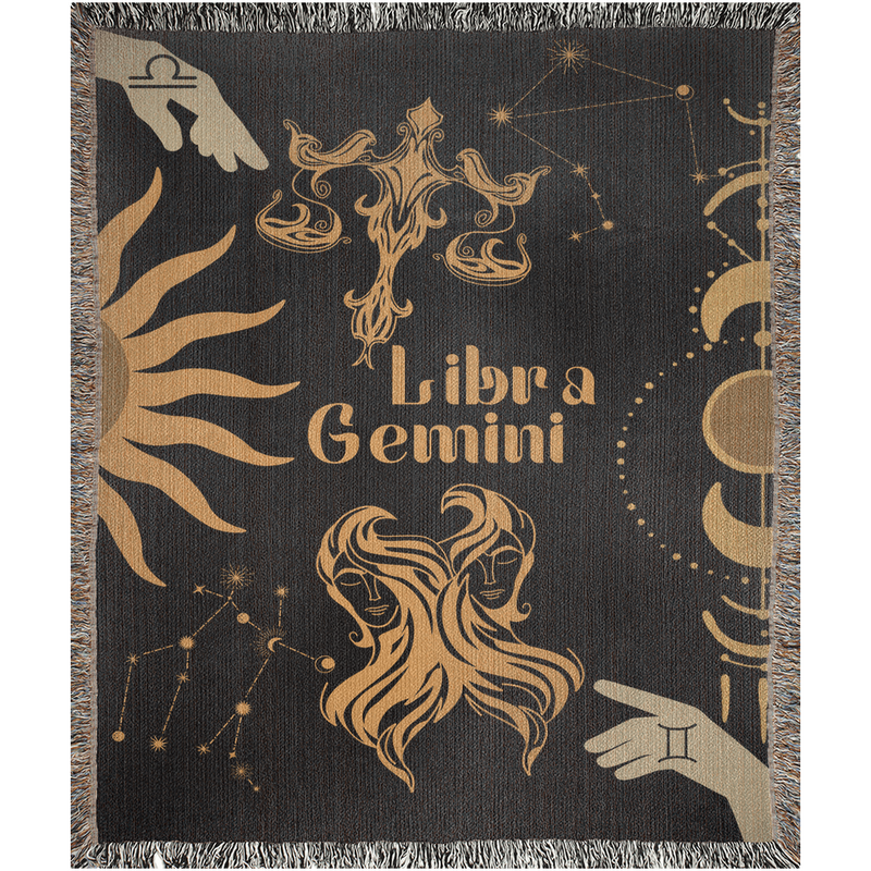 Gemini and Libra Zodiac Compatibility Woven Throw Tapestry - Elevate home decor with this boho-inspired, celestial charm blanket. Perfect for astrology enthusiasts, featuring Gemini and Libra sun signs, adding unique, artistic flair to your living space. Premium cotton, cozy, and decorative.