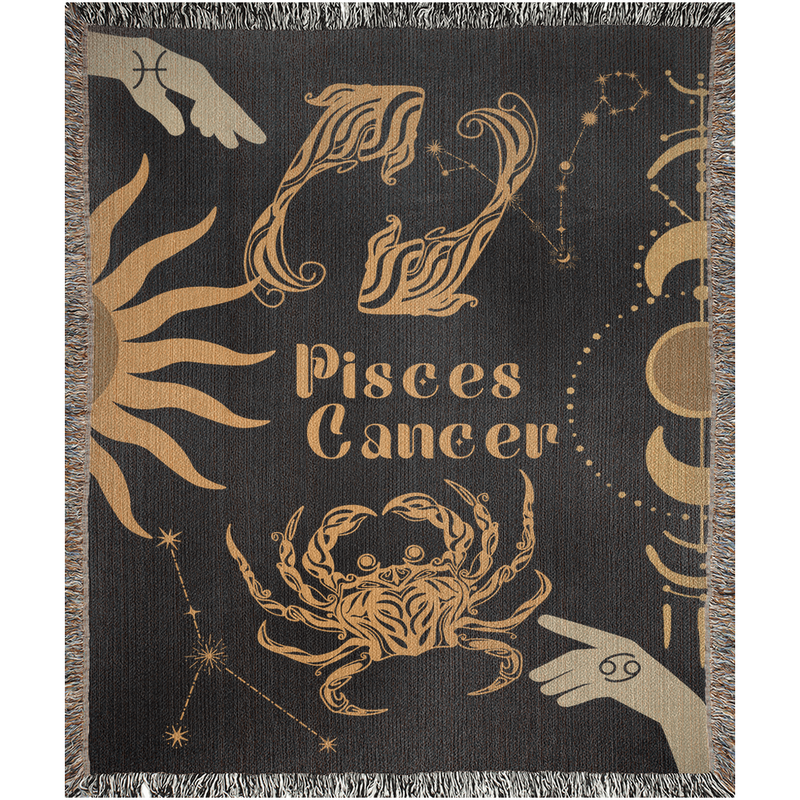 Cancer and Pisces Zodiac Compatibility Woven Throw Tapestry - Elevate home decor with this boho-inspired, celestial charm blanket. Perfect for astrology enthusiasts, featuring Cancer and Pisces sun signs, adding unique, artistic flair to your living space. Premium cotton, cozy, and decorative.