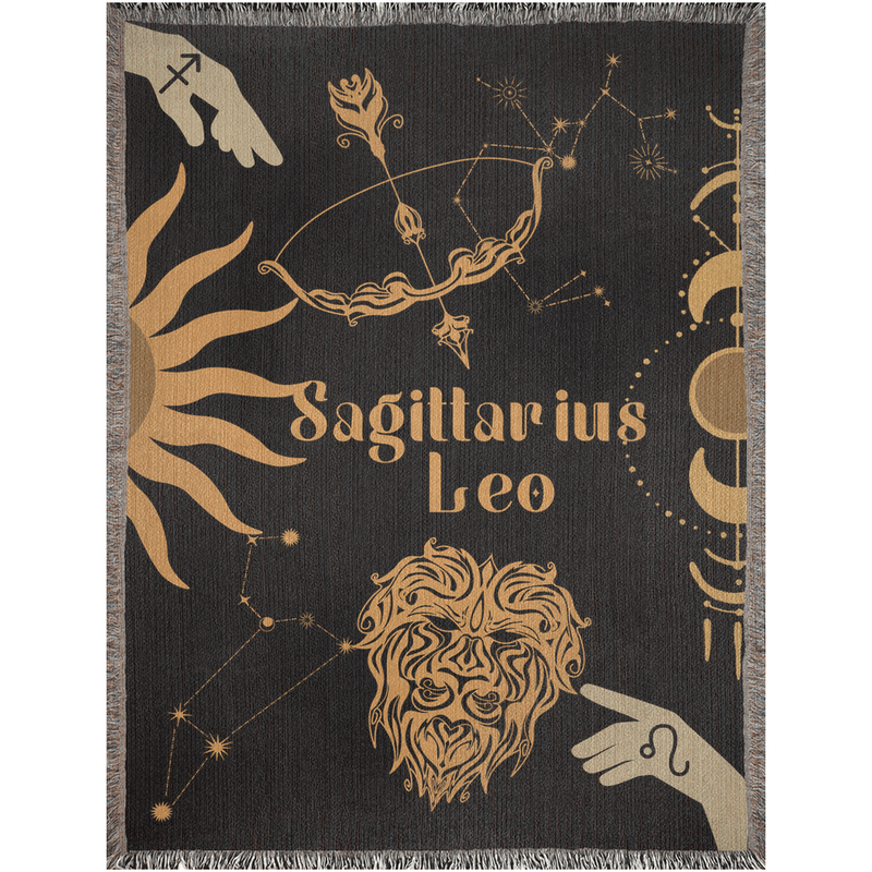 Leo and Sagittarius Zodiac Compatibility Woven Throw Tapestry - Elevate home decor with this boho-inspired, celestial charm blanket. Perfect for astrology enthusiasts, featuring Leo and Sagittarius sun signs, adding unique, artistic flair to your living space. Premium cotton, cozy, and decorative.