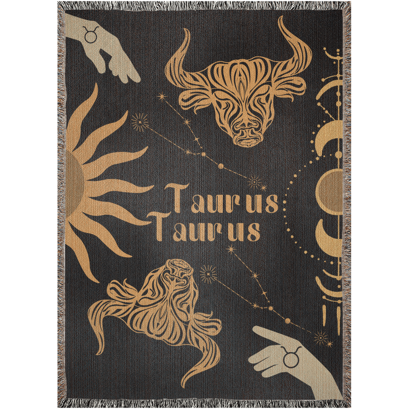 Taurus and Taurus Zodiac Compatibility Woven Throw Tapestry - Elevate home decor with this boho-inspired, celestial charm blanket. Perfect for astrology enthusiasts, featuring Taurus and Taurus sun signs, adding unique, artistic flair to your living space. Premium cotton, cozy, and decorative.