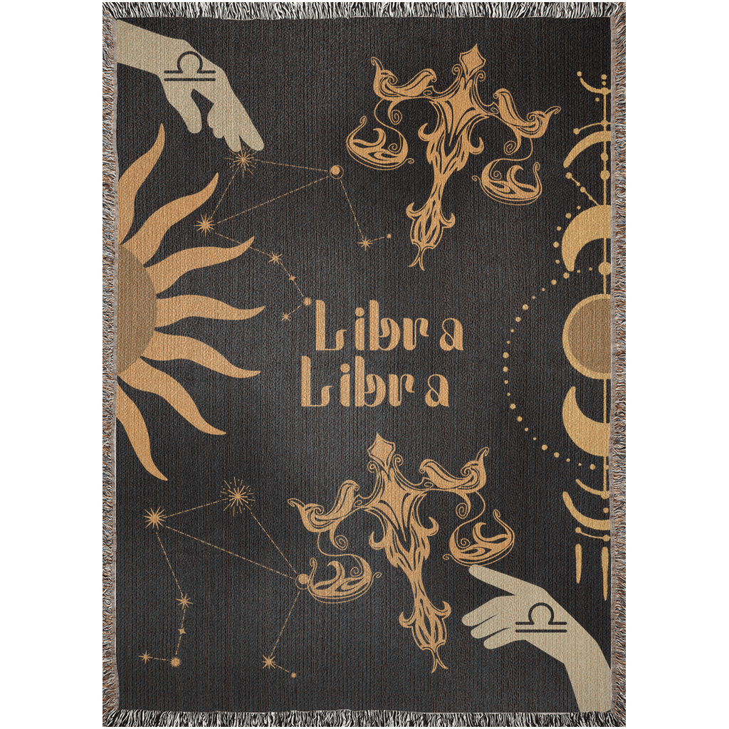 Libra and Libra Zodiac Compatibility Woven Throw Tapestry - Elevate home decor with this boho-inspired, celestial charm blanket. Perfect for astrology enthusiasts, featuring Libra and Libra sun signs, adding unique, artistic flair to your living space. Premium cotton, cozy, and decorative.