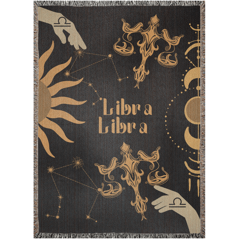 Libra and Libra Zodiac Compatibility Woven Throw Tapestry - Elevate home decor with this boho-inspired, celestial charm blanket. Perfect for astrology enthusiasts, featuring Libra and Libra sun signs, adding unique, artistic flair to your living space. Premium cotton, cozy, and decorative.