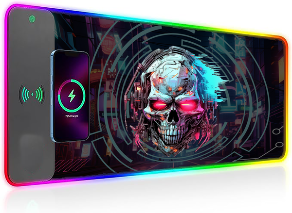 Wireless Charging Mouse Pad with RGB lighting | Waterproof | Oversized | Vibrant Prints | Cyber Skull