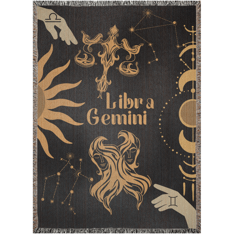 Gemini and Libra Zodiac Compatibility Woven Throw Tapestry - Elevate home decor with this boho-inspired, celestial charm blanket. Perfect for astrology enthusiasts, featuring Gemini and Libra sun signs, adding unique, artistic flair to your living space. Premium cotton, cozy, and decorative.