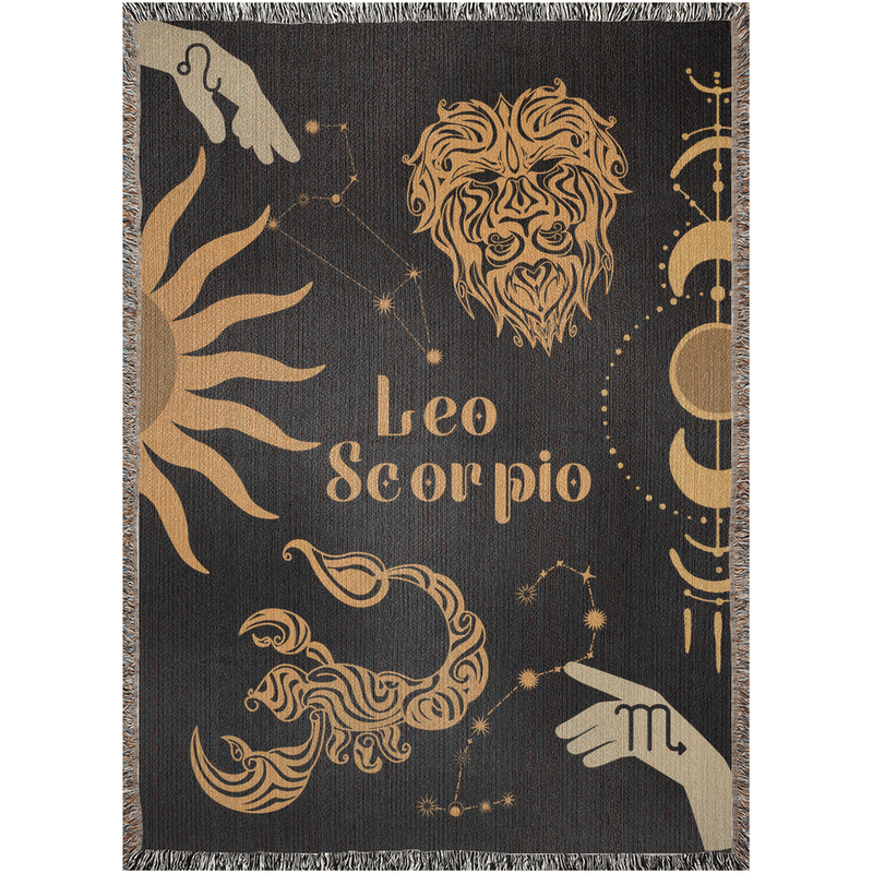 Leo and Scorpio Zodiac Compatibility Woven Throw Tapestry - Elevate home decor with this boho-inspired, celestial charm blanket. Perfect for astrology enthusiasts, featuring Leo and Scorpio sun signs, adding unique, artistic flair to your living space. Premium cotton, cozy, and decorative.