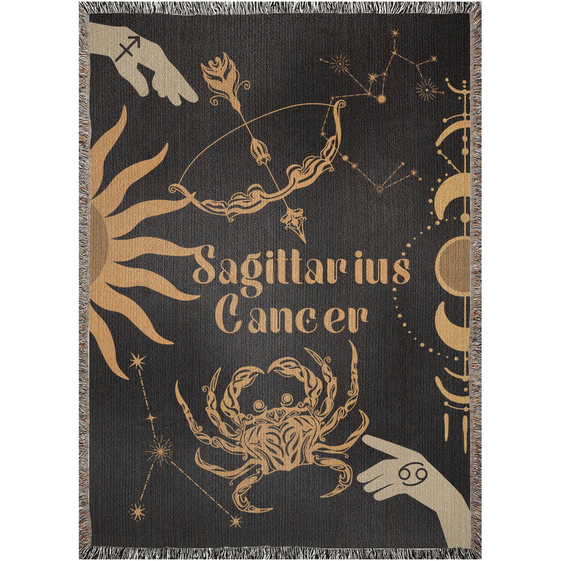 Cancer and Sagittarius Zodiac Compatibility Woven Throw Tapestry - Elevate home decor with this boho-inspired, celestial charm blanket. Perfect for astrology enthusiasts, featuring Cancer and Sagittarius sun signs, adding unique, artistic flair to your living space. Premium cotton, cozy, and decorative.