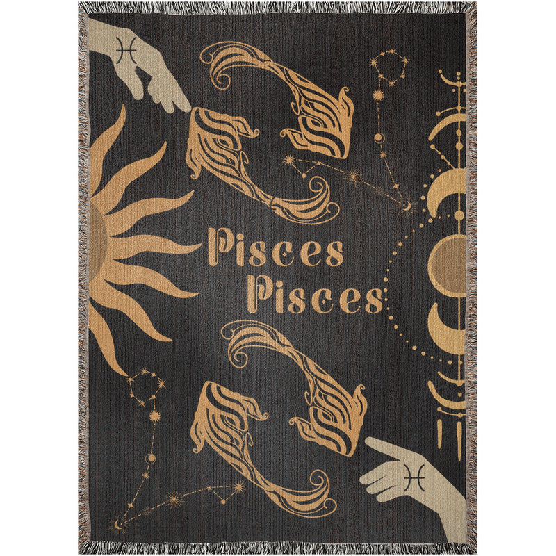 Pisces and Pisces Zodiac Compatibility Woven Throw Tapestry - Elevate home decor with this boho-inspired, celestial charm blanket. Perfect for astrology enthusiasts, featuring Libra and Sagittarius sun signs, adding unique, artistic flair to your living space. Premium cotton, cozy, and decorative.