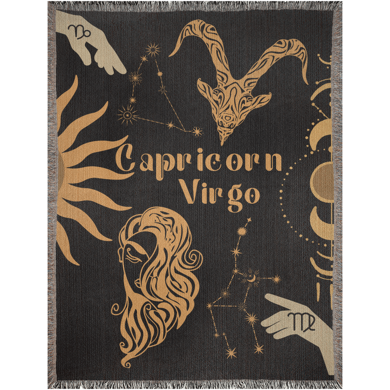 Capricorn and Virgo Zodiac Compatibility Woven Throw Tapestry - Elevate home decor with this boho-inspired, celestial charm blanket. Perfect for astrology enthusiasts, featuring Capricorn and Virgo sun signs, adding unique, artistic flair to your living space. Premium cotton, cozy, and decorative.