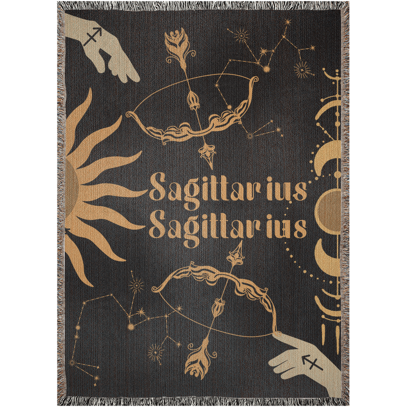 Sagittarius and Sagittarius Zodiac Compatibility Woven Throw Tapestry - Elevate home decor with this boho-inspired, celestial charm blanket. Perfect for astrology enthusiasts, featuring Sagittarius and Sagittarius sun signs, adding unique, artistic flair to your living space. Premium cotton, cozy, and decorative.