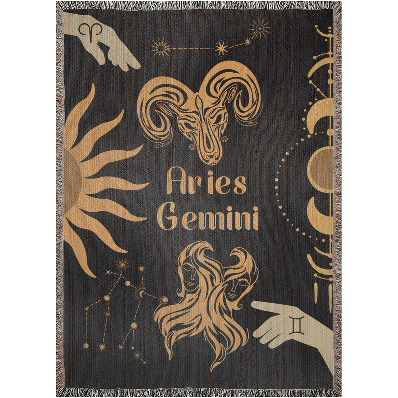 Zodiac Compatibility Match Woven Tapestry Throw Blanket | Astrology-inspired Home Decor | Aries & Gemini Horoscope