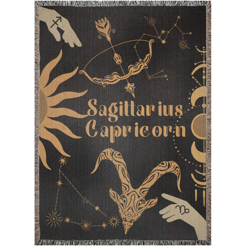 Capricorn and Sagittarius Zodiac Compatibility Woven Throw Tapestry - Elevate home decor with this boho-inspired, celestial charm blanket. Perfect for astrology enthusiasts, featuring Capricorn and Sagittarius sun signs, adding unique, artistic flair to your living space. Premium cotton, cozy, and decorative.