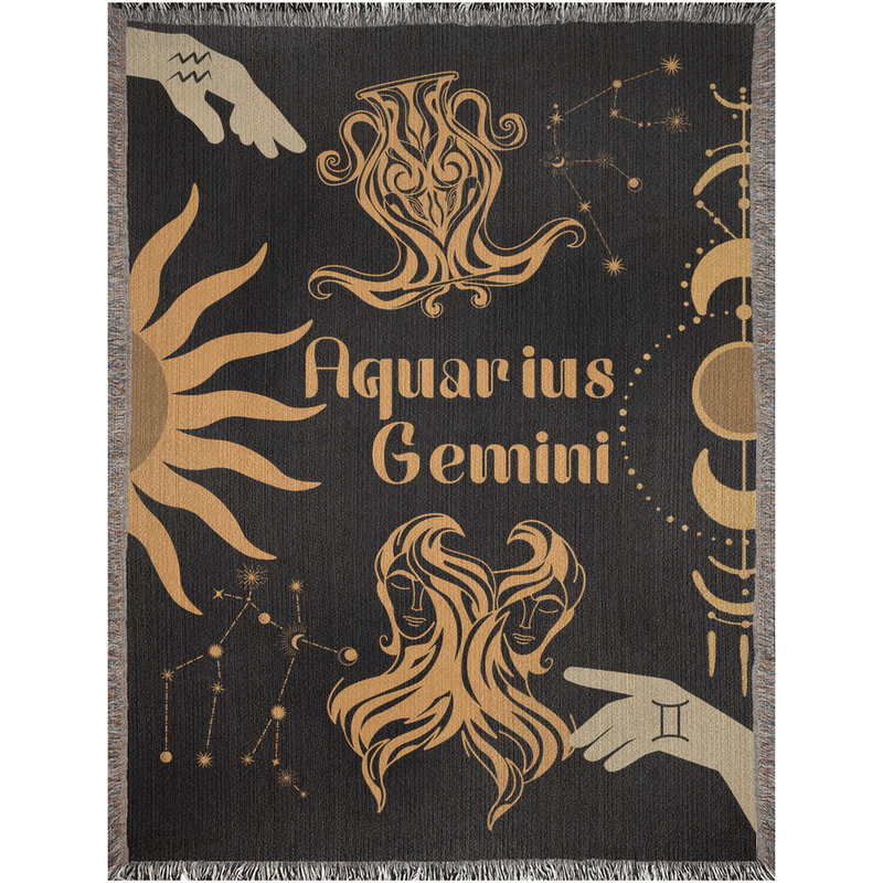 Zodiac Compatibility Match Woven Tapestry Throw Blanket | Astrology-inspired Home Decor | Gemini & Aquarius Horoscope