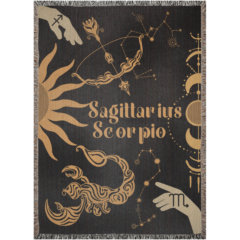 Sagittarius and Scorpio Zodiac Compatibility Woven Throw Tapestry - Elevate home decor with this boho-inspired, celestial charm blanket. Perfect for astrology enthusiasts, featuring Sagittarius and Scorpio sun signs, adding unique, artistic flair to your living space. Premium cotton, cozy, and decorative.