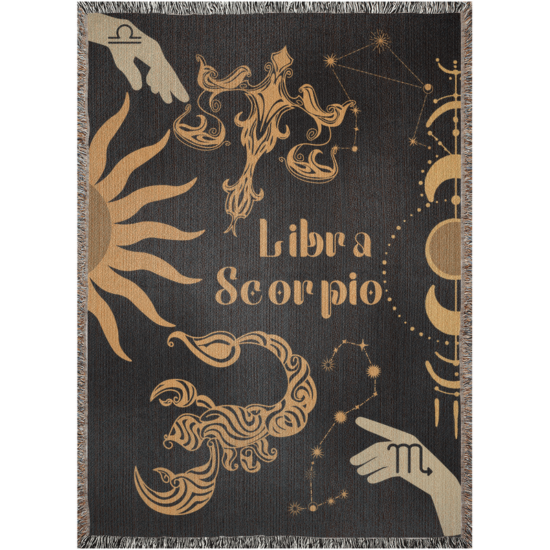 Libra and Scorpio Zodiac Compatibility Woven Throw Tapestry - Elevate home decor with this boho-inspired, celestial charm blanket. Perfect for astrology enthusiasts, featuring Libra and Scorpio sun signs, adding unique, artistic flair to your living space. Premium cotton, cozy, and decorative.