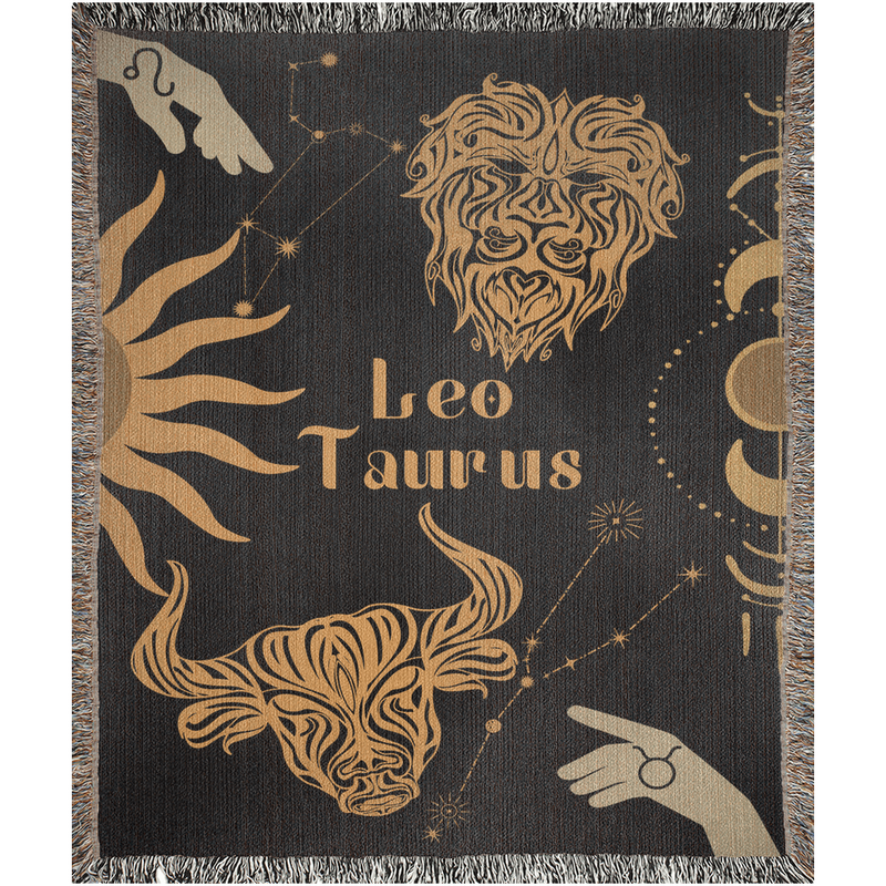 Taurus and Leo Zodiac Compatibility Woven Throw Tapestry - Elevate home decor with this boho-inspired, celestial charm blanket. Perfect for astrology enthusiasts, featuring Taurus and Leo sun signs, adding unique, artistic flair to your living space. Premium cotton, cozy, and decorative.