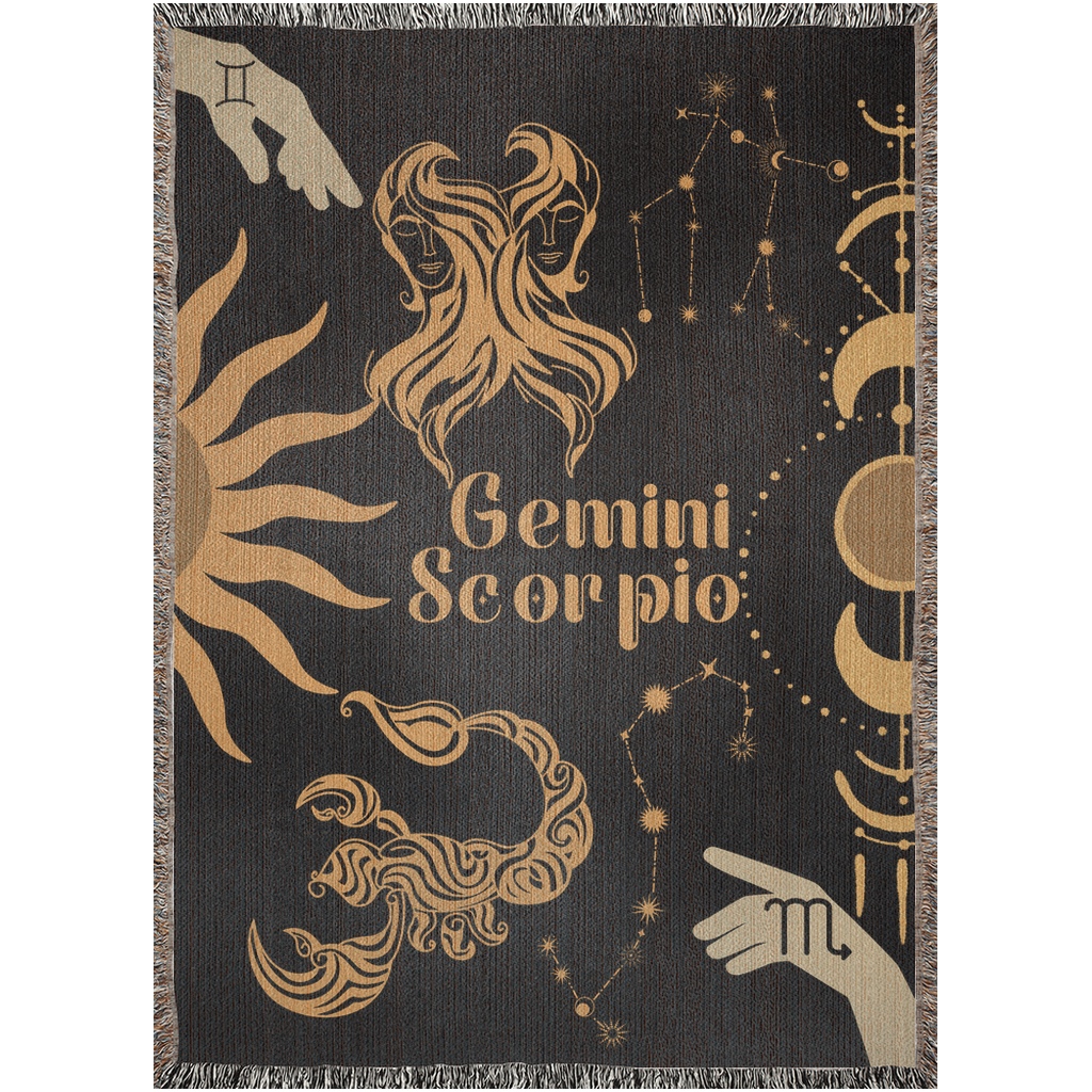 Gemini and Scorpio Zodiac Compatibility Woven Throw Tapestry - Elevate home decor with this boho-inspired, celestial charm blanket. Perfect for astrology enthusiasts, featuring Gemini and Scorpio sun signs, adding unique, artistic flair to your living space. Premium cotton, cozy, and decorative.