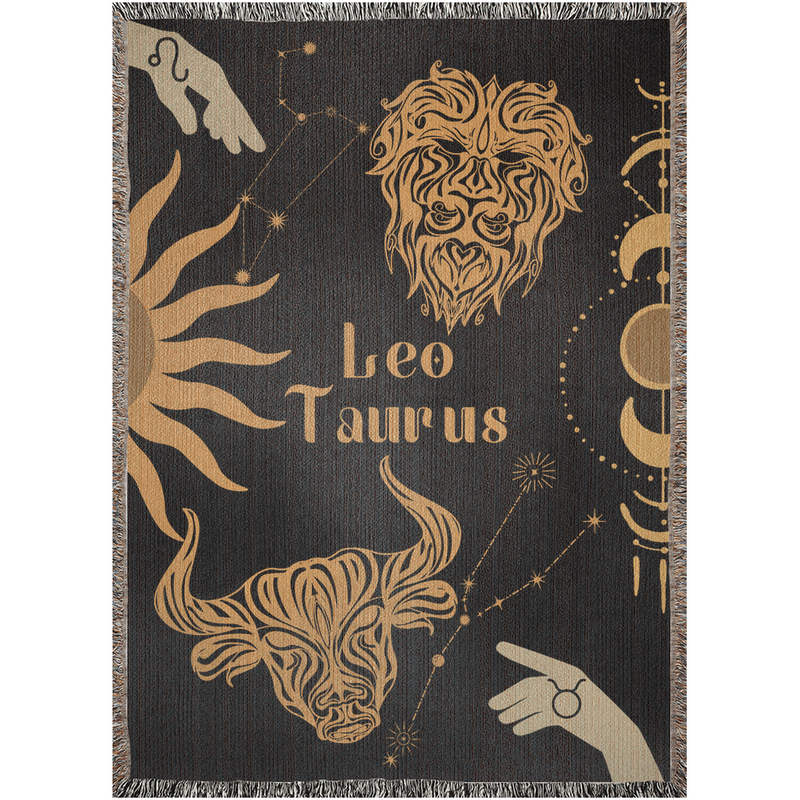 Taurus and Leo Zodiac Compatibility Woven Throw Tapestry - Elevate home decor with this boho-inspired, celestial charm blanket. Perfect for astrology enthusiasts, featuring Taurus and Leo sun signs, adding unique, artistic flair to your living space. Premium cotton, cozy, and decorative.