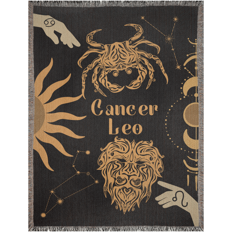 Cancer and Leo Zodiac Compatibility Woven Throw Tapestry - Elevate home decor with this boho-inspired, celestial charm blanket. Perfect for astrology enthusiasts, featuring Aries and Scorpio sun signs, adding unique, artistic flair to your living space. Premium cotton, cozy, and decorative.