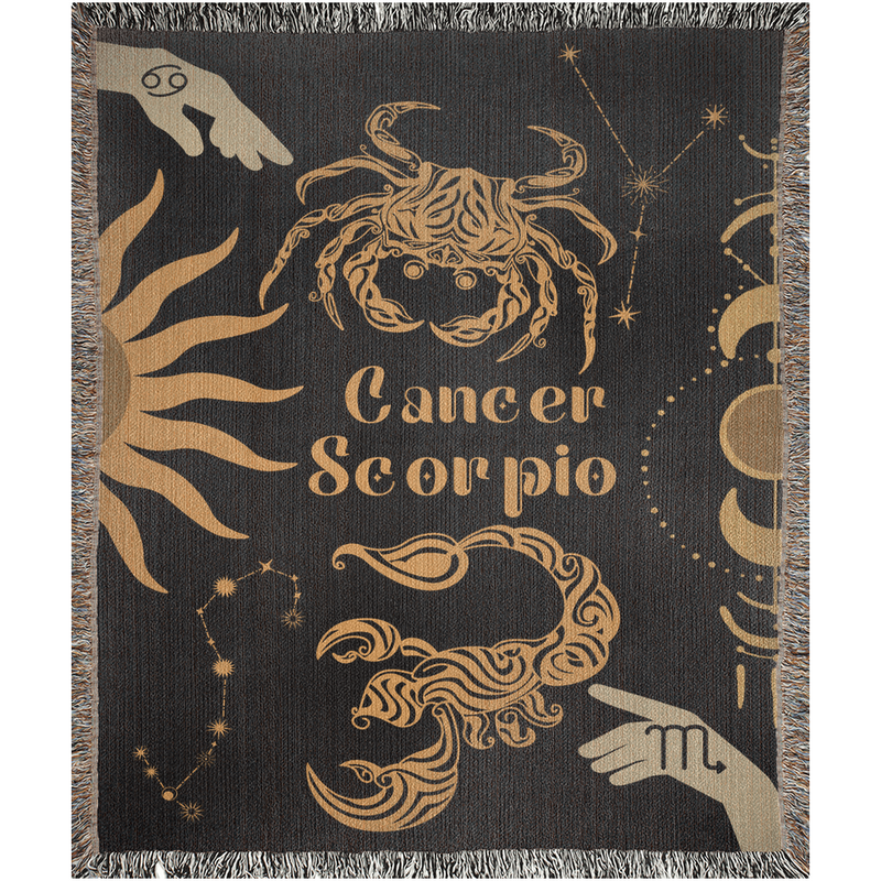 Cancer and Scorpio Zodiac Compatibility Woven Throw Tapestry - Elevate home decor with this boho-inspired, celestial charm blanket. Perfect for astrology enthusiasts, featuring Aries and Scorpio sun signs, adding unique, artistic flair to your living space. Premium cotton, cozy, and decorative.