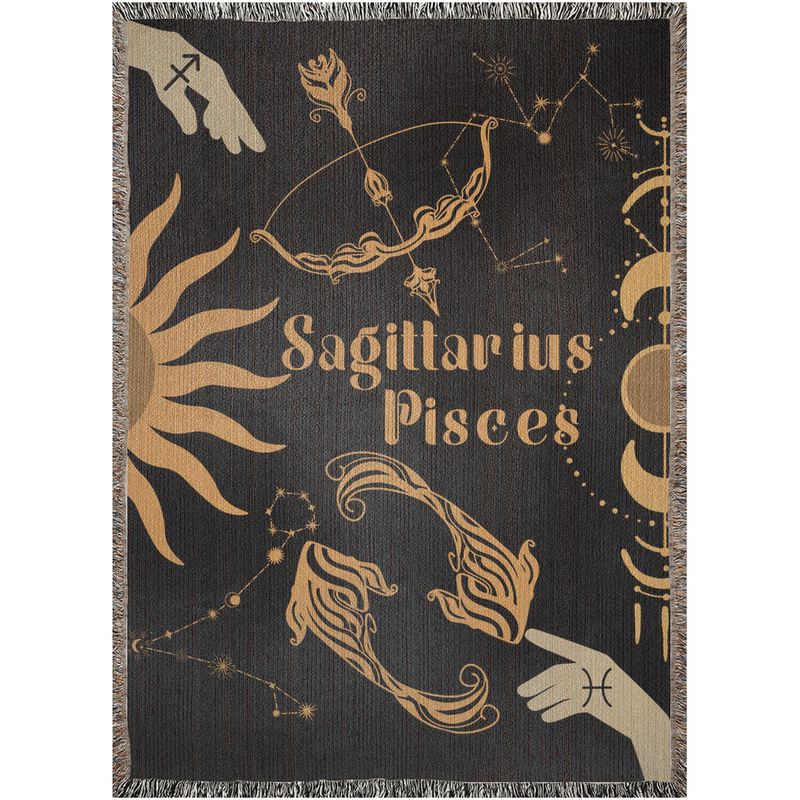 Pisces and Sagittarius Zodiac Compatibility Woven Throw Tapestry - Elevate home decor with this boho-inspired, celestial charm blanket. Perfect for astrology enthusiasts, featuring Pisces and Sagittarius sun signs, adding unique, artistic flair to your living space. Premium cotton, cozy, and decorative.