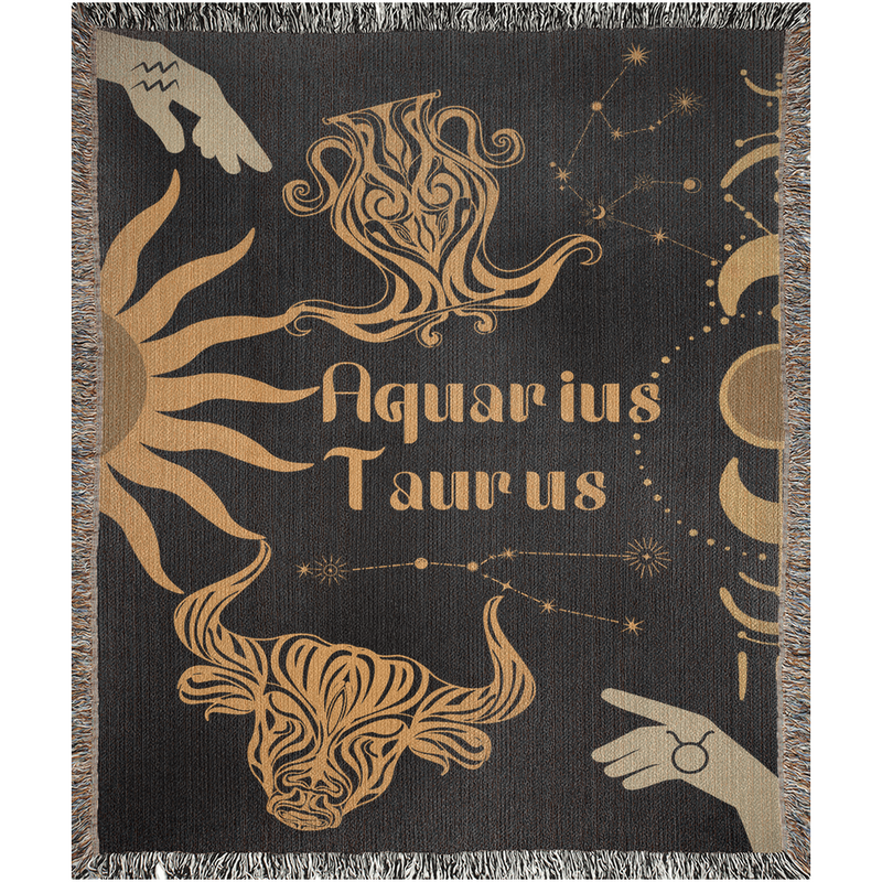 Zodiac Compatibility Match Woven Tapestry Throw Blanket | Astrology-inspired Home Decor | Aquarius & Taurus Horoscope