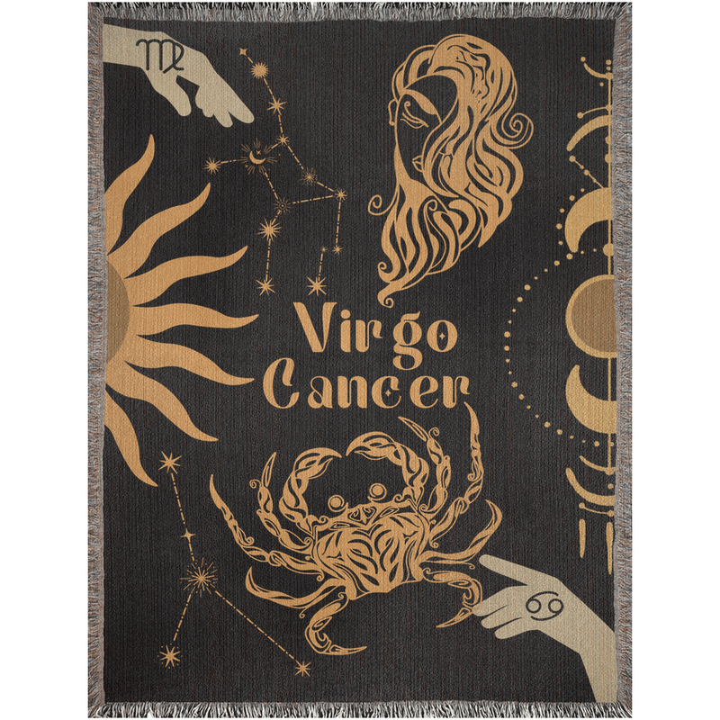 Cancer and Virgo Zodiac Compatibility Woven Throw Tapestry - Elevate home decor with this boho-inspired, celestial charm blanket. Perfect for astrology enthusiasts, featuring Cancer and Virgo sun signs, adding unique, artistic flair to your living space. Premium cotton, cozy, and decorative.