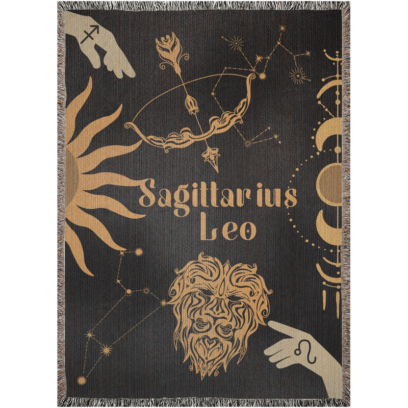 Leo and Sagittarius Zodiac Compatibility Woven Throw Tapestry - Elevate home decor with this boho-inspired, celestial charm blanket. Perfect for astrology enthusiasts, featuring Leo and Sagittarius sun signs, adding unique, artistic flair to your living space. Premium cotton, cozy, and decorative.