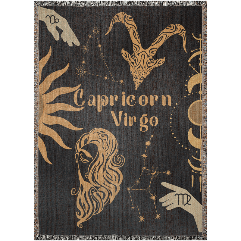 Capricorn and Virgo Zodiac Compatibility Woven Throw Tapestry - Elevate home decor with this boho-inspired, celestial charm blanket. Perfect for astrology enthusiasts, featuring Capricorn and Virgo sun signs, adding unique, artistic flair to your living space. Premium cotton, cozy, and decorative.