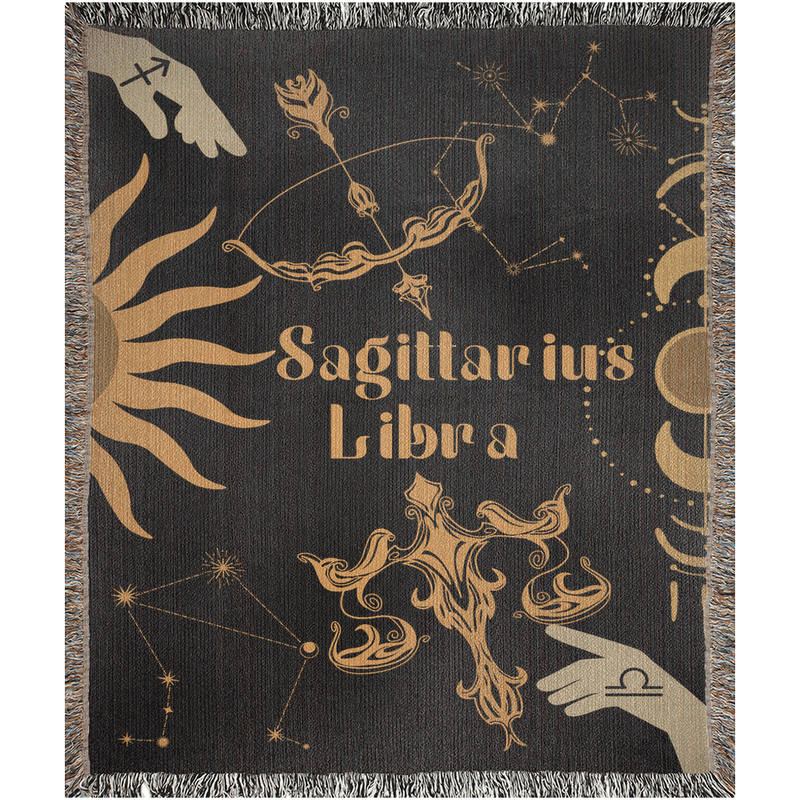 Libra and Sagittarius Zodiac Compatibility Woven Throw Tapestry - Elevate home decor with this boho-inspired, celestial charm blanket. Perfect for astrology enthusiasts, featuring Libra and Sagittarius sun signs, adding unique, artistic flair to your living space. Premium cotton, cozy, and decorative.