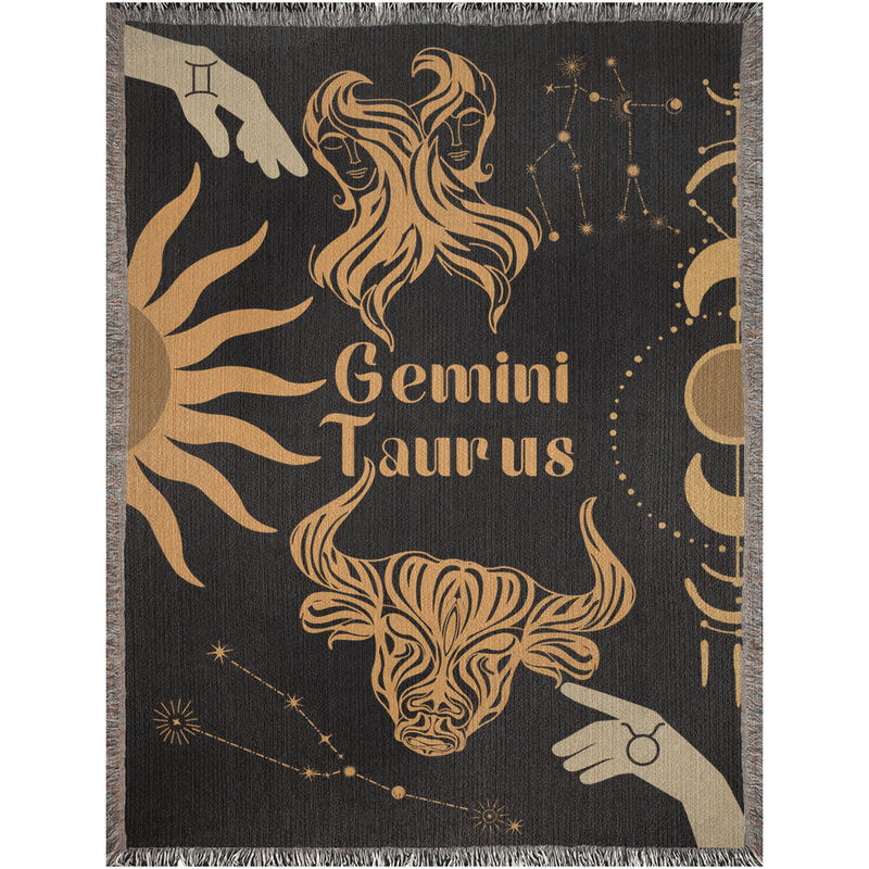 Taurus and Gemini Zodiac Compatibility Woven Throw Tapestry - Elevate home decor with this boho-inspired, celestial charm blanket. Perfect for astrology enthusiasts, featuring Taurus and Gemini sun signs, adding unique, artistic flair to your living space. Premium cotton, cozy, and decorative.