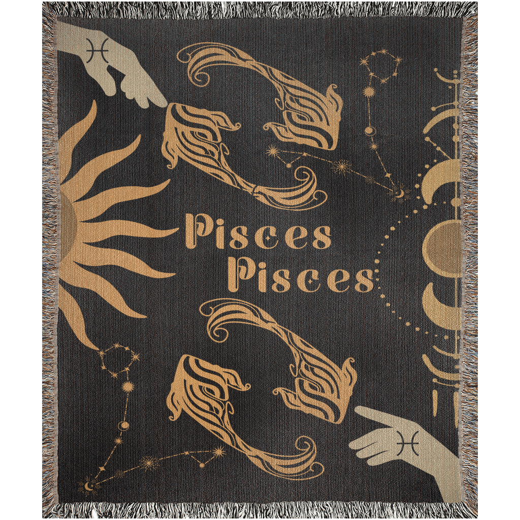 Pisces and Pisces Zodiac Compatibility Woven Throw Tapestry - Elevate home decor with this boho-inspired, celestial charm blanket. Perfect for astrology enthusiasts, featuring Libra and Sagittarius sun signs, adding unique, artistic flair to your living space. Premium cotton, cozy, and decorative.