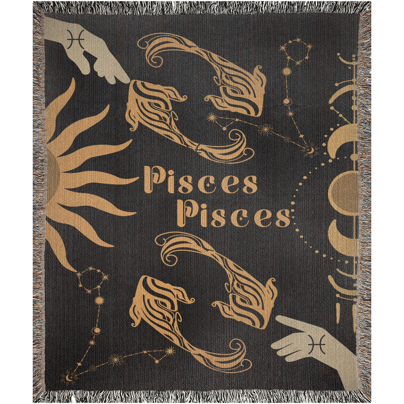 Pisces and Pisces Zodiac Compatibility Woven Throw Tapestry - Elevate home decor with this boho-inspired, celestial charm blanket. Perfect for astrology enthusiasts, featuring Libra and Sagittarius sun signs, adding unique, artistic flair to your living space. Premium cotton, cozy, and decorative.