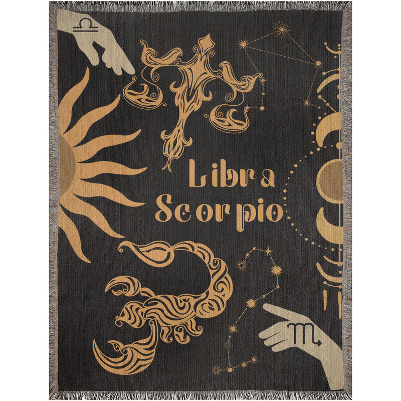 Libra and Scorpio Zodiac Compatibility Woven Throw Tapestry - Elevate home decor with this boho-inspired, celestial charm blanket. Perfect for astrology enthusiasts, featuring Libra and Scorpio sun signs, adding unique, artistic flair to your living space. Premium cotton, cozy, and decorative.