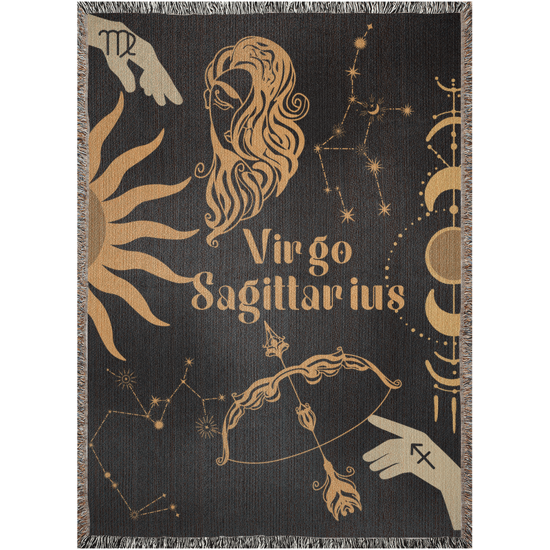 Virgo and Sagittarius Zodiac Compatibility Woven Throw Tapestry - Elevate home decor with this boho-inspired, celestial charm blanket. Perfect for astrology enthusiasts, featuring Virgo and Sagittarius sun signs, adding unique, artistic flair to your living space. Premium cotton, cozy, and decorative.