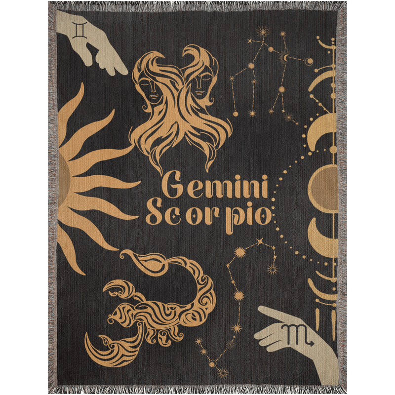 Gemini and Scorpio Zodiac Compatibility Woven Throw Tapestry - Elevate home decor with this boho-inspired, celestial charm blanket. Perfect for astrology enthusiasts, featuring Gemini and Scorpio sun signs, adding unique, artistic flair to your living space. Premium cotton, cozy, and decorative.