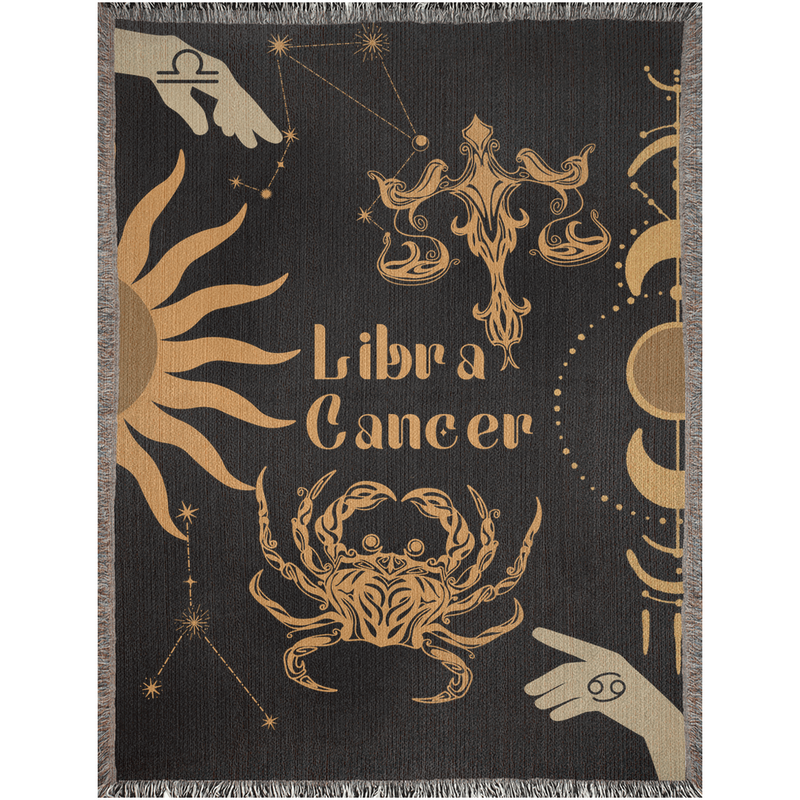 Cancer and Libra Zodiac Compatibility Woven Throw Tapestry - Elevate home decor with this boho-inspired, celestial charm blanket. Perfect for astrology enthusiasts, featuring Cancer and Libra sun signs, adding unique, artistic flair to your living space. Premium cotton, cozy, and decorative.