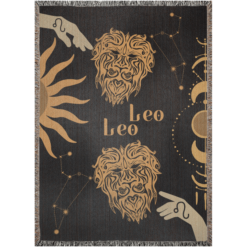 Leo and Leo Zodiac Compatibility Woven Throw Tapestry - Elevate home decor with this boho-inspired, celestial charm blanket. Perfect for astrology enthusiasts, featuring Leo and Leo sun signs, adding unique, artistic flair to your living space. Premium cotton, cozy, and decorative.