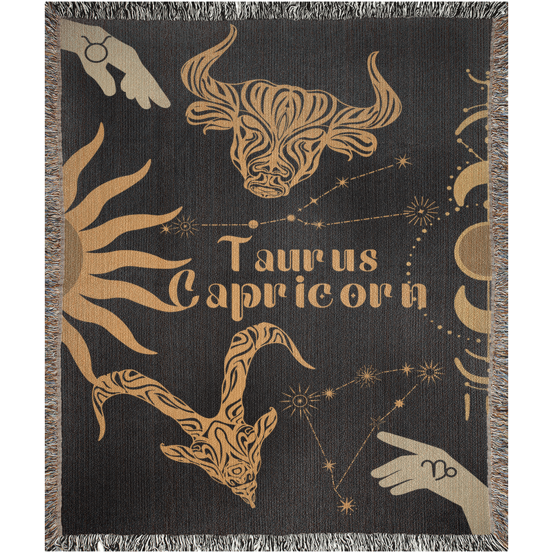 Capricorn and Taurus Zodiac Compatibility Woven Throw Tapestry - Elevate home decor with this boho-inspired, celestial charm blanket. Perfect for astrology enthusiasts, featuring Capricorn and Taurus sun signs, adding unique, artistic flair to your living space. Premium cotton, cozy, and decorative.