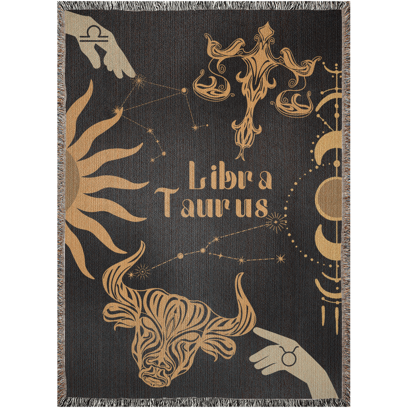 Taurus and Libra Zodiac Compatibility Woven Throw Tapestry - Elevate home decor with this boho-inspired, celestial charm blanket. Perfect for astrology enthusiasts, featuring Taurus and Libra sun signs, adding unique, artistic flair to your living space. Premium cotton, cozy, and decorative.