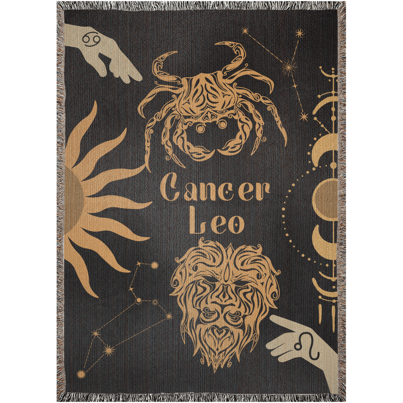 Cancer and Leo Zodiac Compatibility Woven Throw Tapestry - Elevate home decor with this boho-inspired, celestial charm blanket. Perfect for astrology enthusiasts, featuring Aries and Scorpio sun signs, adding unique, artistic flair to your living space. Premium cotton, cozy, and decorative.