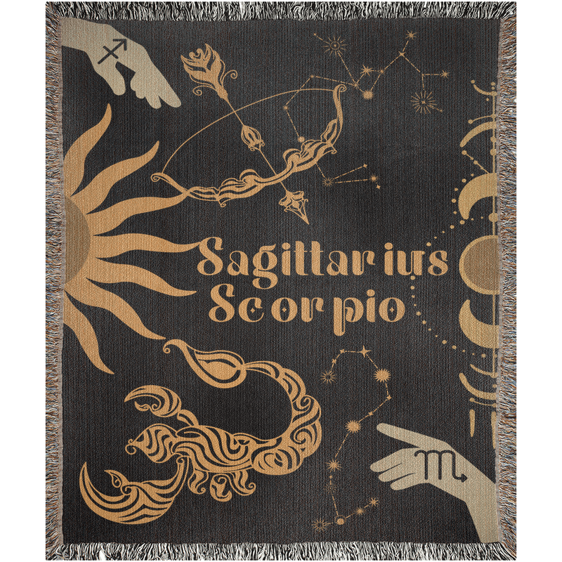 Sagittarius and Scorpio Zodiac Compatibility Woven Throw Tapestry - Elevate home decor with this boho-inspired, celestial charm blanket. Perfect for astrology enthusiasts, featuring Sagittarius and Scorpio sun signs, adding unique, artistic flair to your living space. Premium cotton, cozy, and decorative.