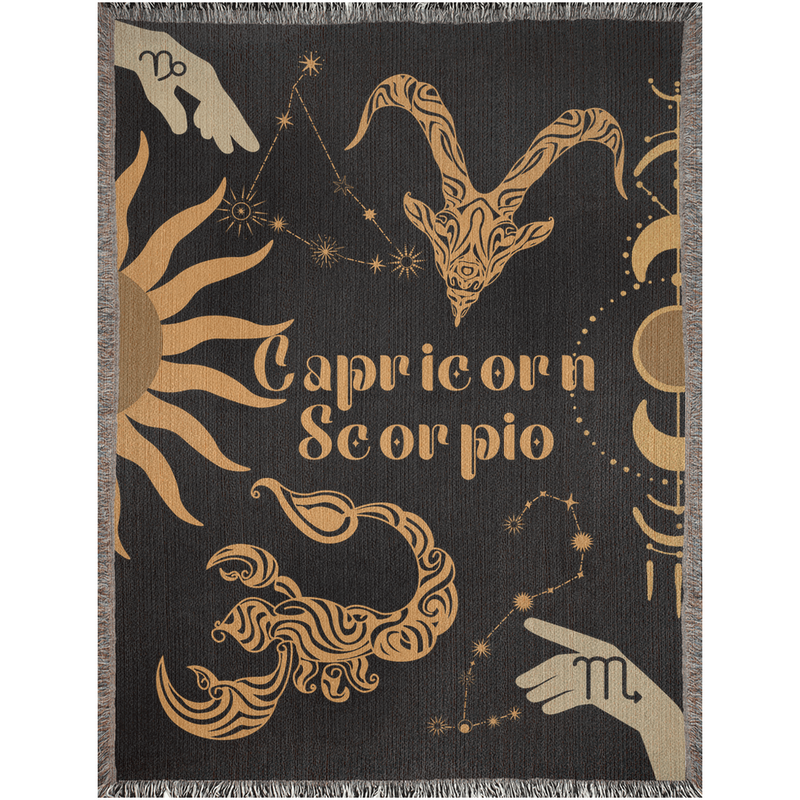 Capricorn and Scorpio Zodiac Compatibility Woven Throw Tapestry - Elevate home decor with this boho-inspired, celestial charm blanket. Perfect for astrology enthusiasts, featuring Capricorn and Scorpio sun signs, adding unique, artistic flair to your living space. Premium cotton, cozy, and decorative.