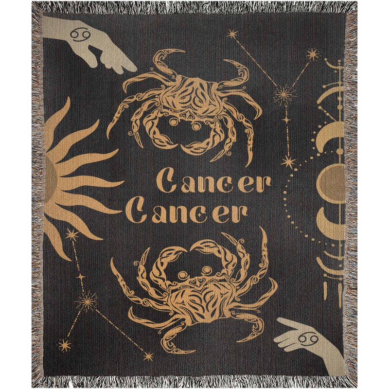 Cancer and Cancer Zodiac Compatibility Woven Throw Tapestry - Elevate home decor with this boho-inspired, celestial charm blanket. Perfect for astrology enthusiasts, featuring Cancer and Cancer sun signs, adding unique, artistic flair to your living space. Premium cotton, cozy, and decorative.