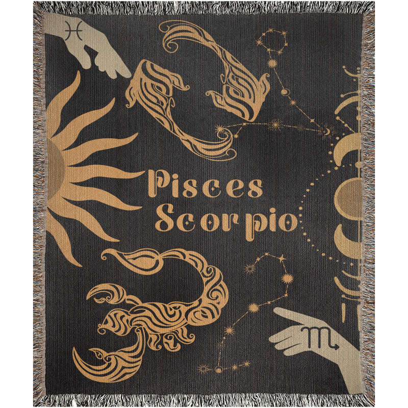 Pisces and Scorpio Zodiac Compatibility Woven Throw Tapestry - Elevate home decor with this boho-inspired, celestial charm blanket. Perfect for astrology enthusiasts, featuring Pisces and Scorpio sun signs, adding unique, artistic flair to your living space. Premium cotton, cozy, and 