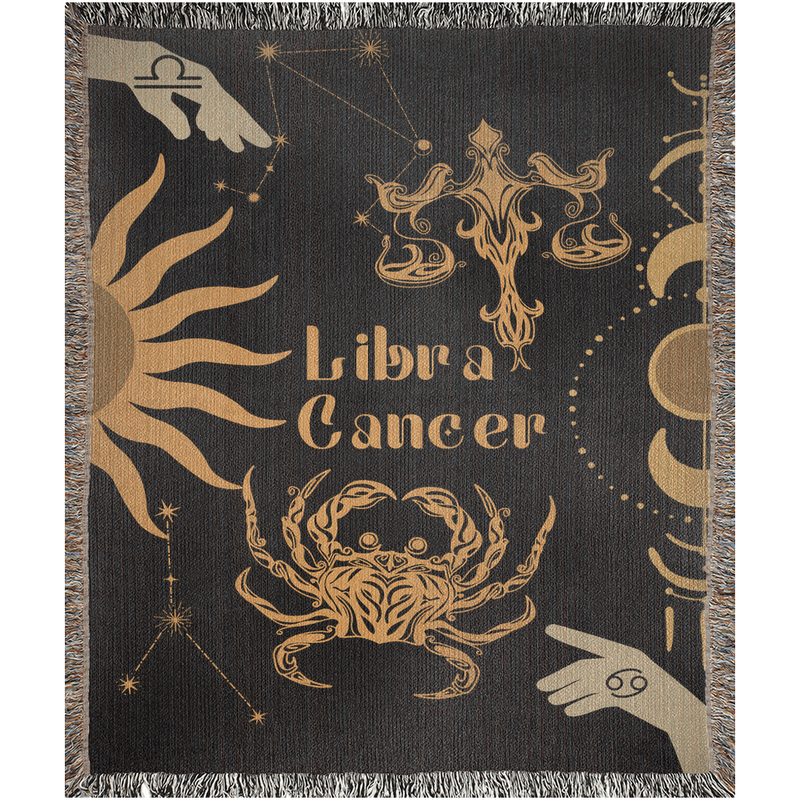 Cancer and Libra Zodiac Compatibility Woven Throw Tapestry - Elevate home decor with this boho-inspired, celestial charm blanket. Perfect for astrology enthusiasts, featuring Cancer and Libra sun signs, adding unique, artistic flair to your living space. Premium cotton, cozy, and decorative.