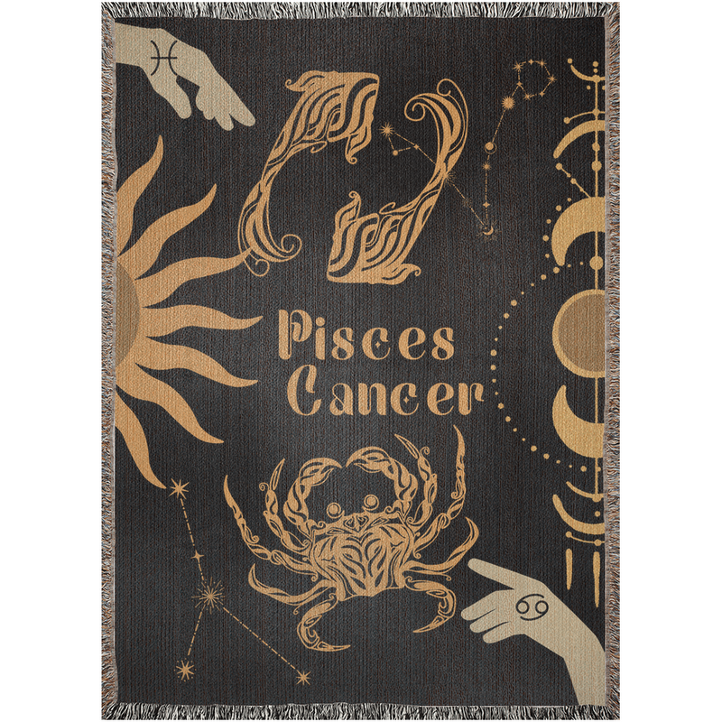 Cancer and Pisces Zodiac Compatibility Woven Throw Tapestry - Elevate home decor with this boho-inspired, celestial charm blanket. Perfect for astrology enthusiasts, featuring Cancer and Pisces sun signs, adding unique, artistic flair to your living space. Premium cotton, cozy, and decorative.