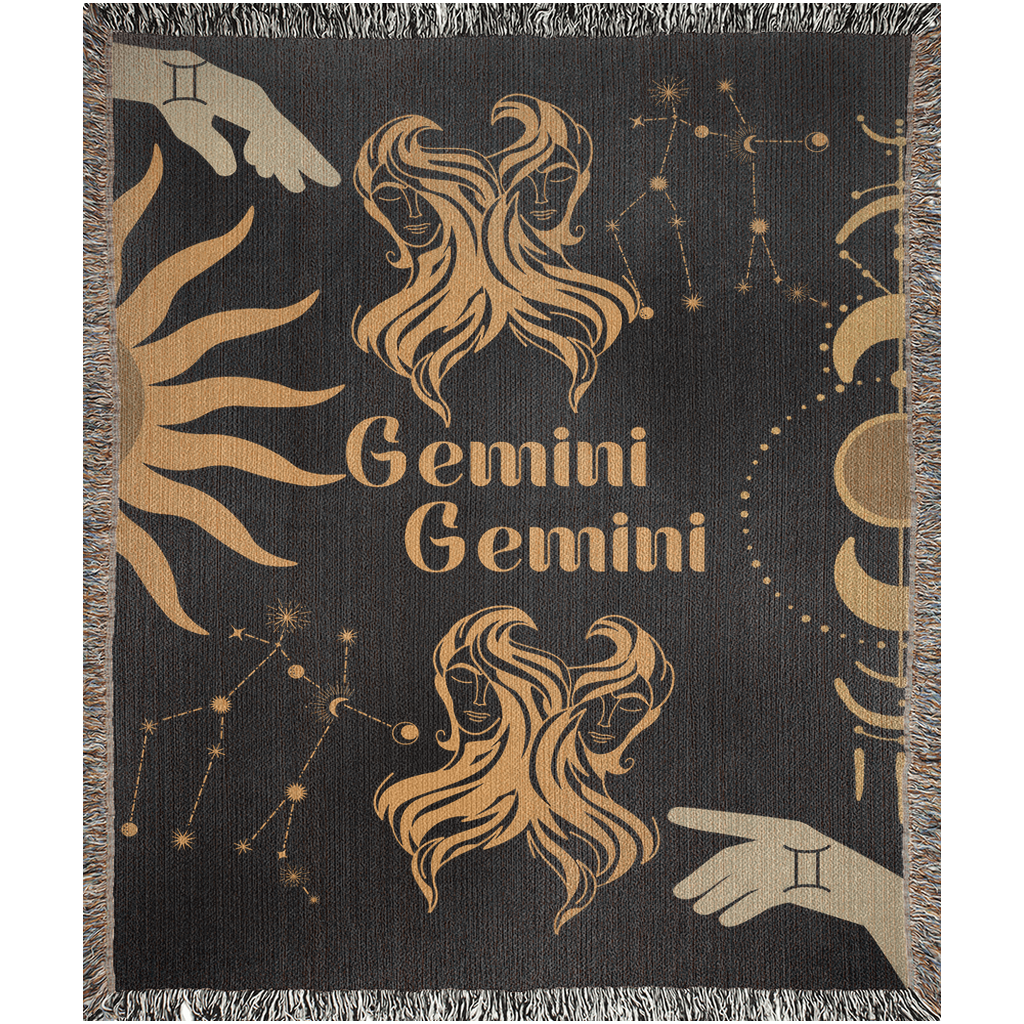 Gemini and Gemini Zodiac Compatibility Woven Throw Tapestry - Elevate home decor with this boho-inspired, celestial charm blanket. Perfect for astrology enthusiasts, featuring Gemini and Gemini sun signs, adding unique, artistic flair to your living space. Premium cotton, cozy, and decorative.