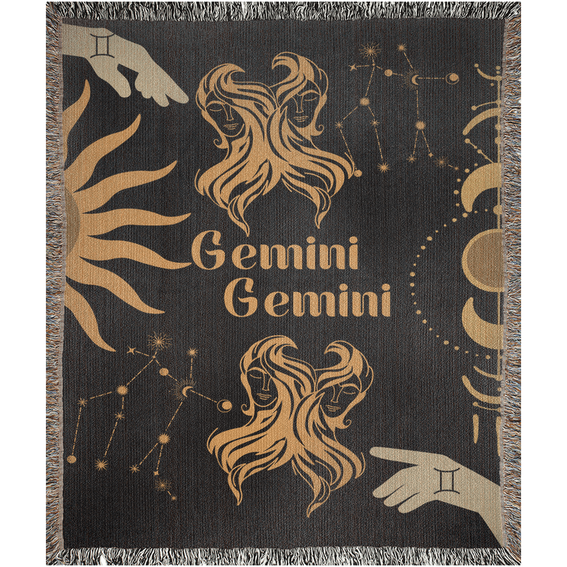 Gemini and Gemini Zodiac Compatibility Woven Throw Tapestry - Elevate home decor with this boho-inspired, celestial charm blanket. Perfect for astrology enthusiasts, featuring Gemini and Gemini sun signs, adding unique, artistic flair to your living space. Premium cotton, cozy, and decorative.