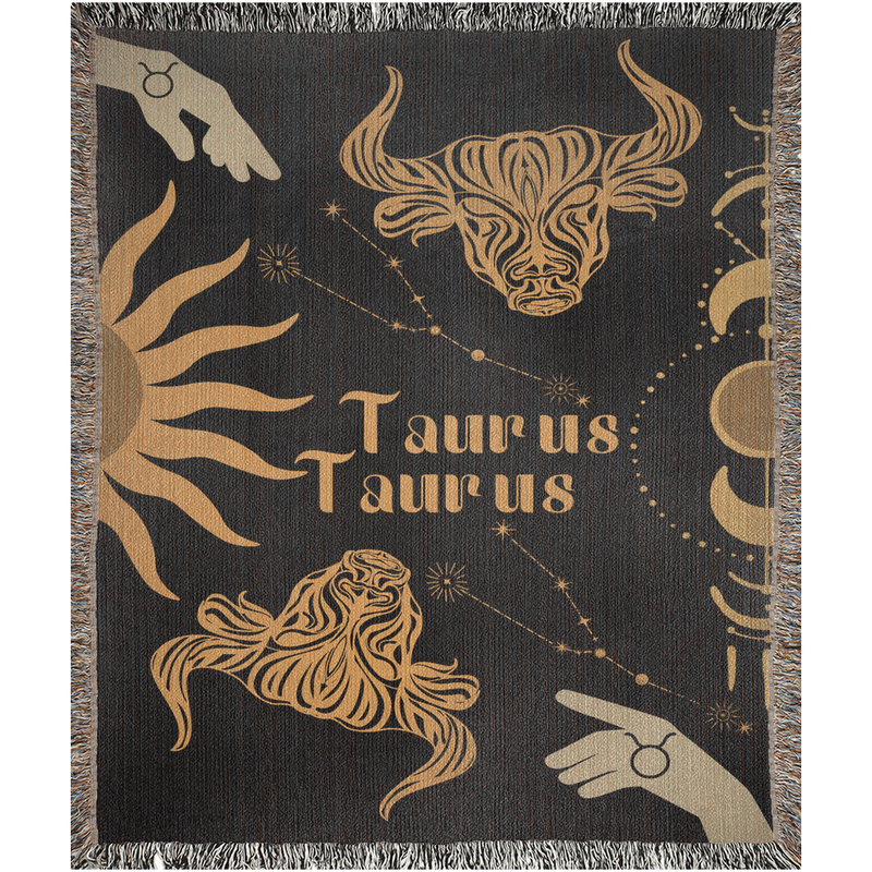 Taurus and Taurus Zodiac Compatibility Woven Throw Tapestry - Elevate home decor with this boho-inspired, celestial charm blanket. Perfect for astrology enthusiasts, featuring Taurus and Taurus sun signs, adding unique, artistic flair to your living space. Premium cotton, cozy, and decorative.